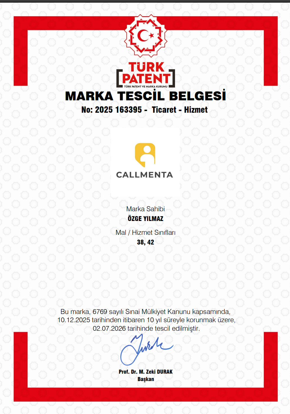 Callmenta Marka Tescil Belgesi sertifikası