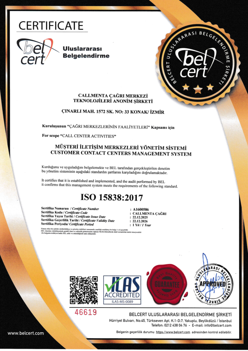 ISO 15838:2017 sertifikası