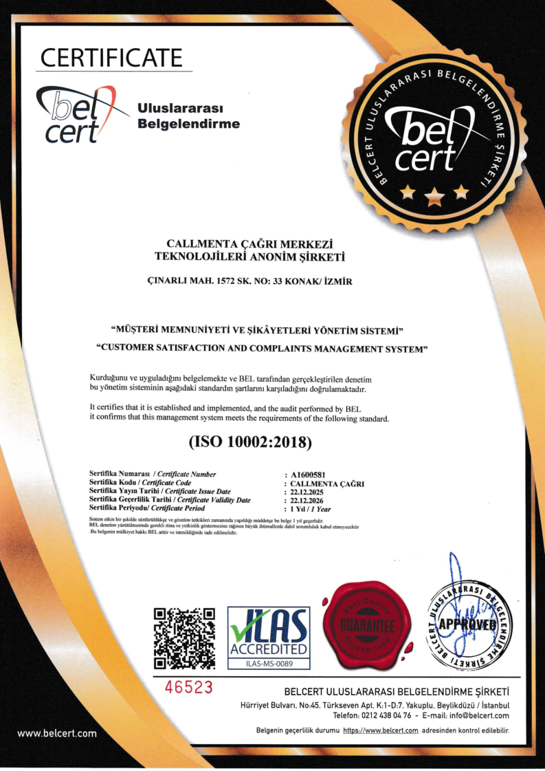 ISO 10002:2018 sertifikası