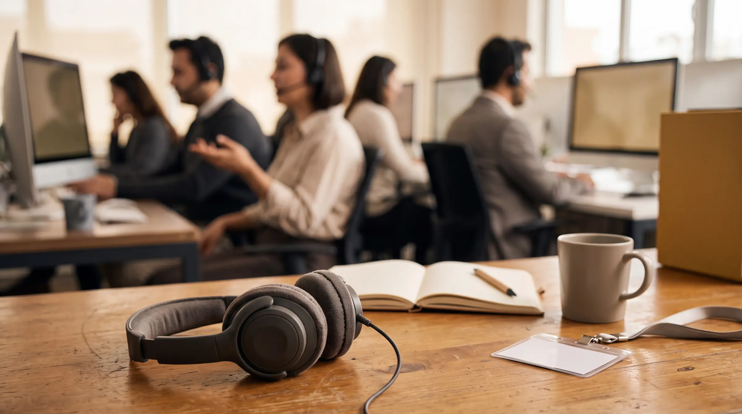 Ein Headset auf einem Holztisch, im Hintergrund die Callcenter-Etage