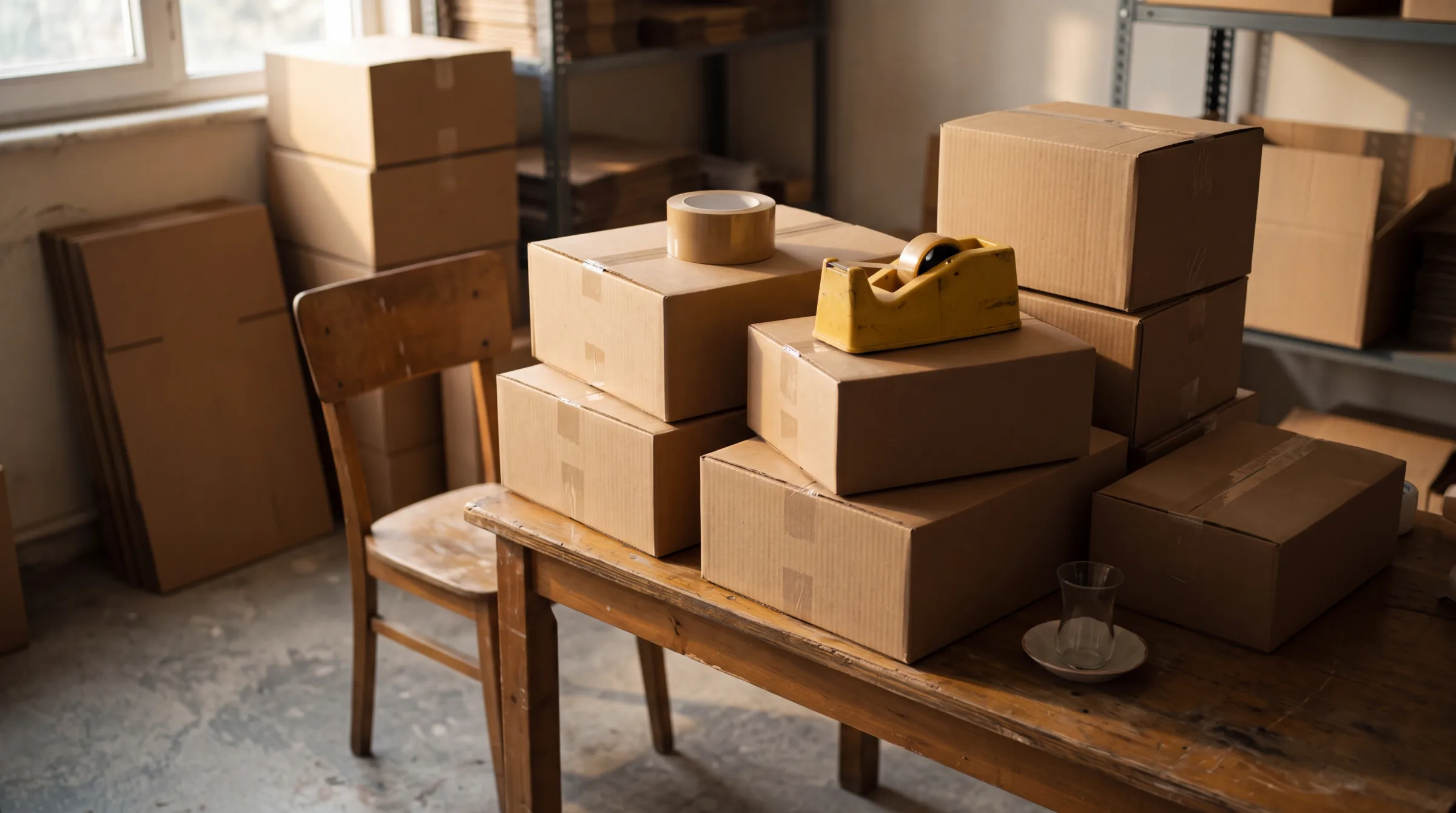 Paketleme odasında üst üste dizilmiş kargo kolileri ve sarı bant makinesi