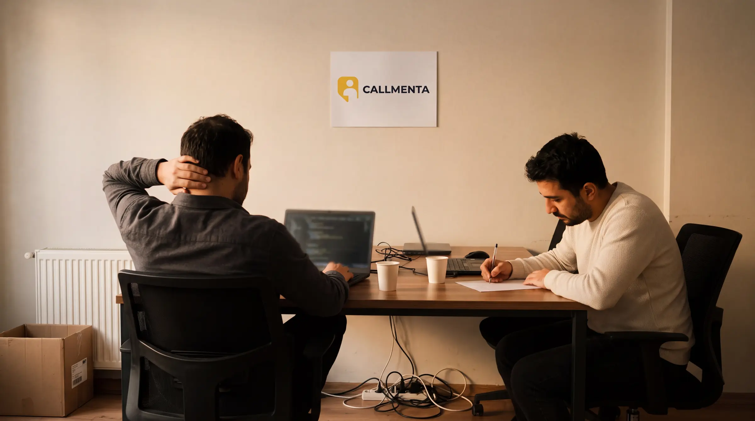 Callmenta proqram təminatı komandası, arxalarında divarda Callmenta lövhəsi