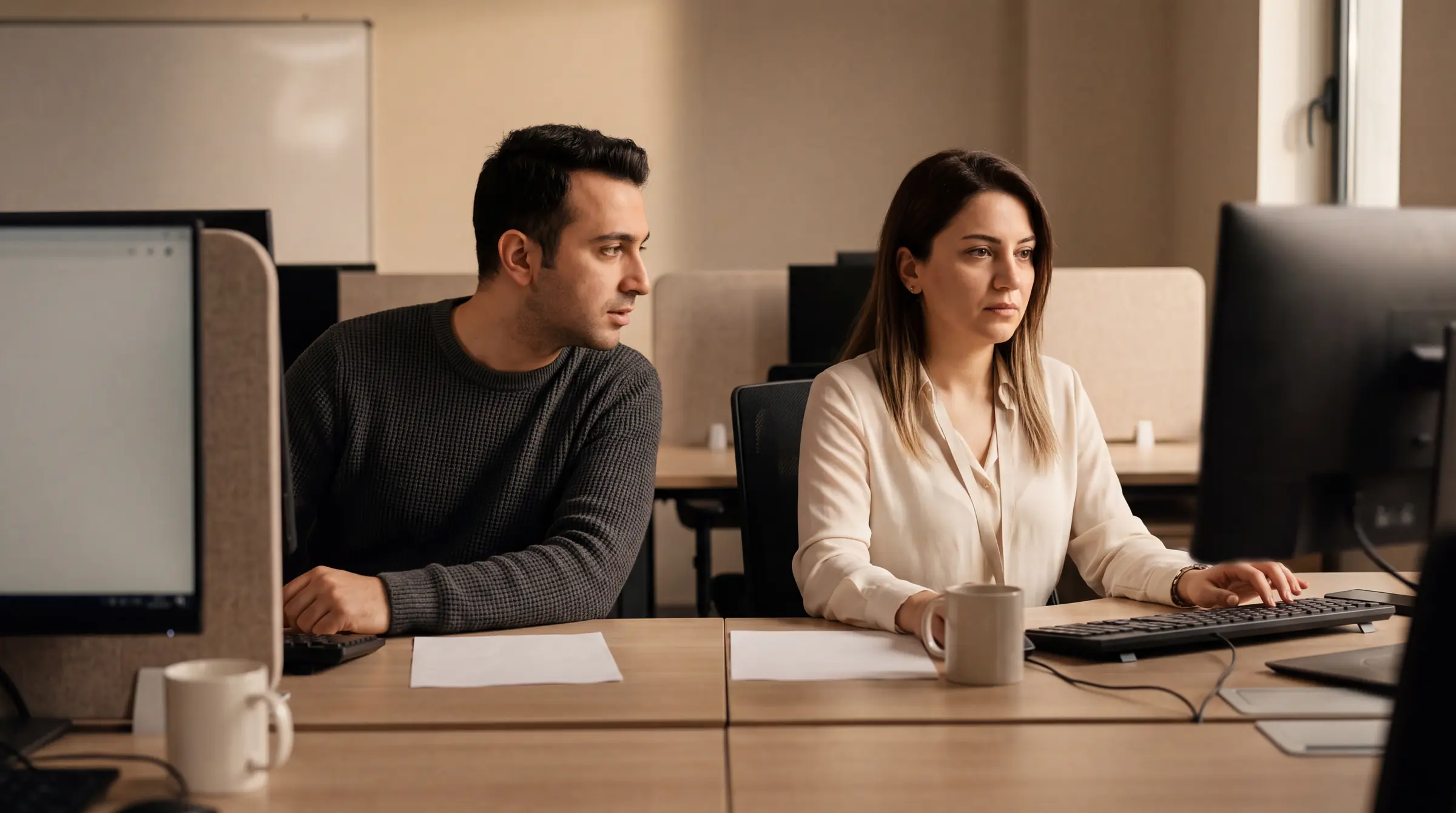 Two colleagues at adjacent desks asking each other something