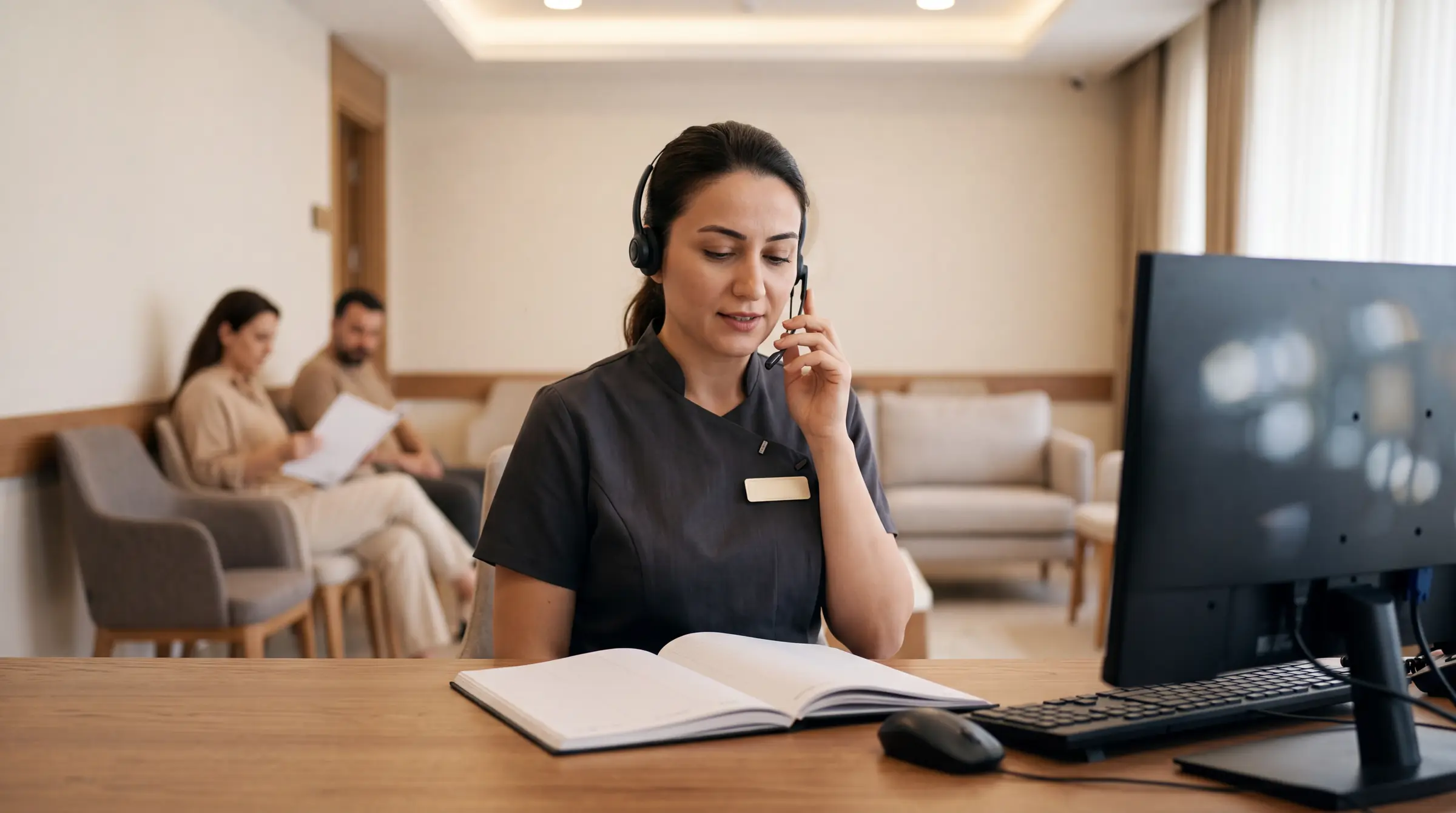 Klinik resepsiyonunda telefonla görüşen görevli