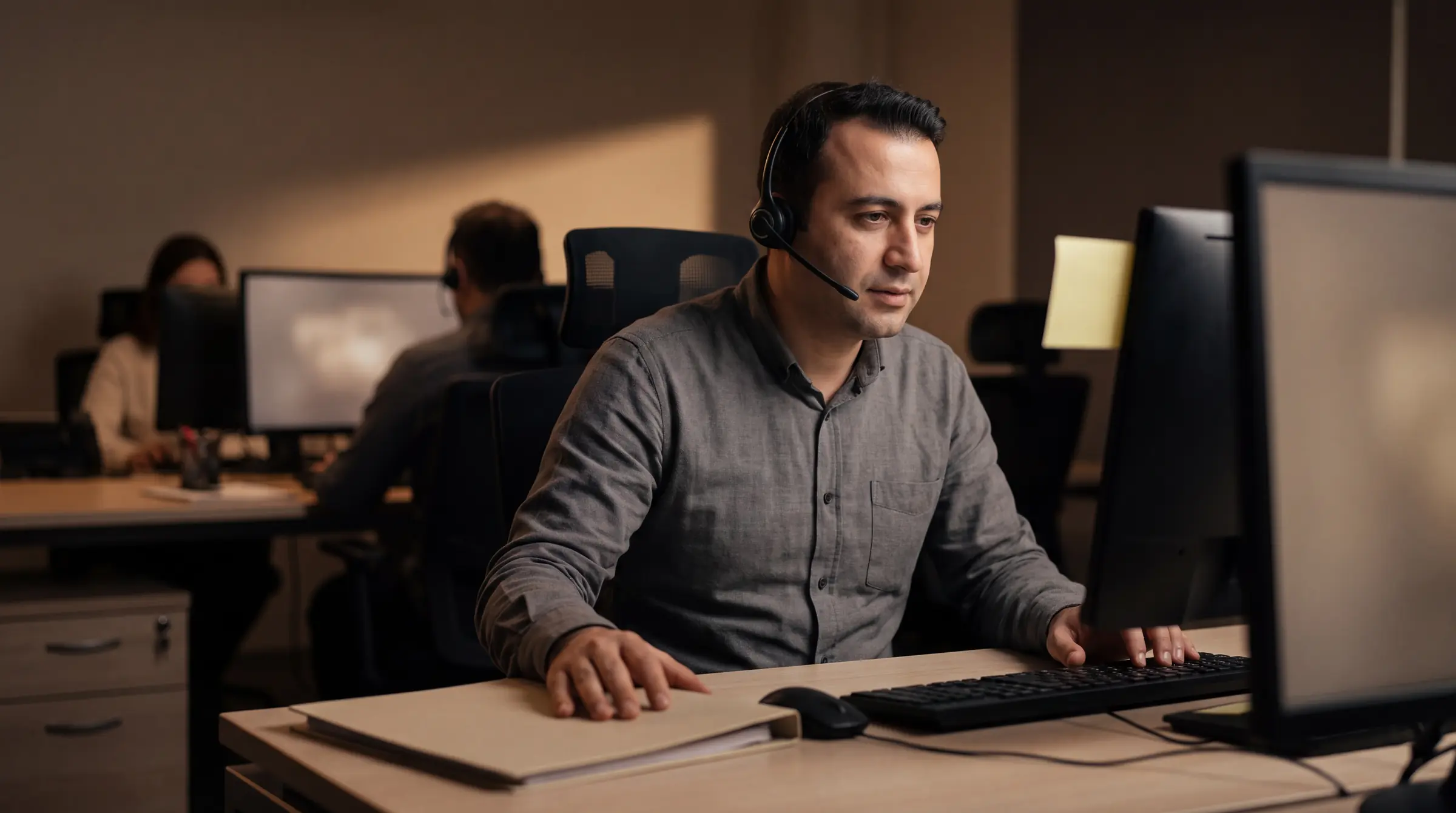 Sakin bir masada telefonla görüşen tahsilat temsilcisi