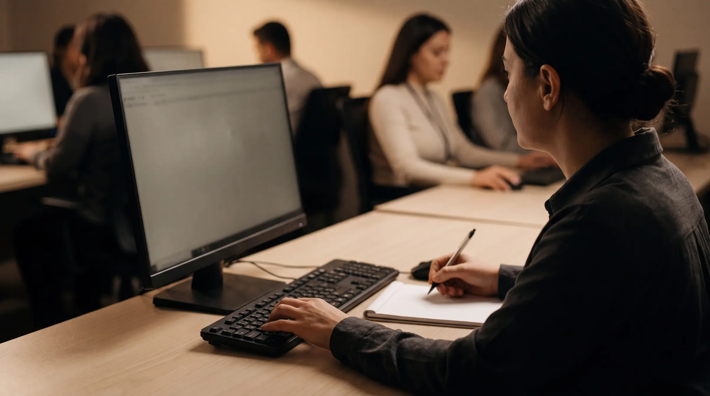 Over-the-shoulder view of an agent handling a written conversation