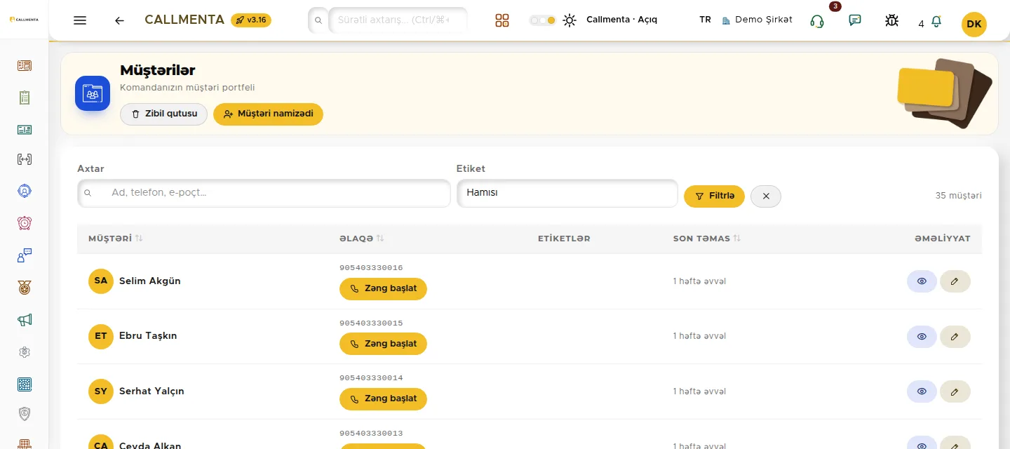 CRM müştəri siyahısı: ad, əlaqə, etiket və son əlaqə