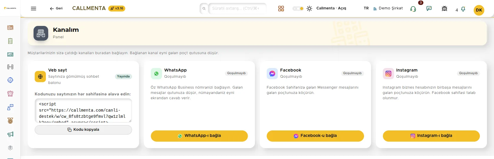 Kanal bağlantı ekranı: WhatsApp, Instagram və Facebook vəziyyətləri