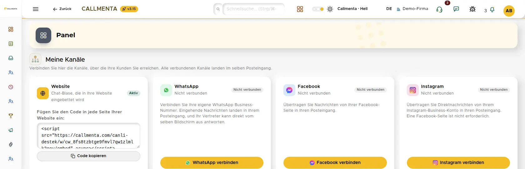 Bildschirm Meine Kanäle: Karten für WhatsApp, Facebook und Instagram mit dem Hinweis Über Meta verbunden