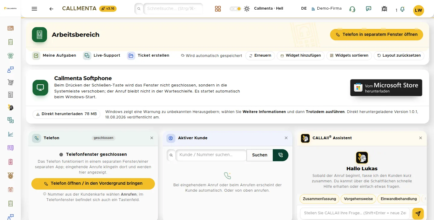 Agentenarbeitsplatz: aktiver Anruf, Kundenkarte und Notizen