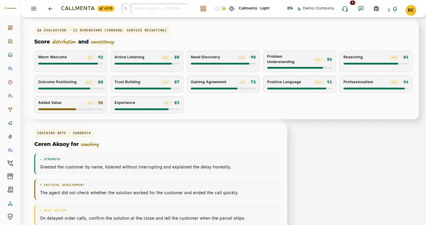 Call analysis screen: transcript, topic tags and quality score