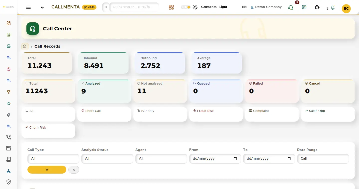 Call records list: number, agent, duration, outcome and analysis status