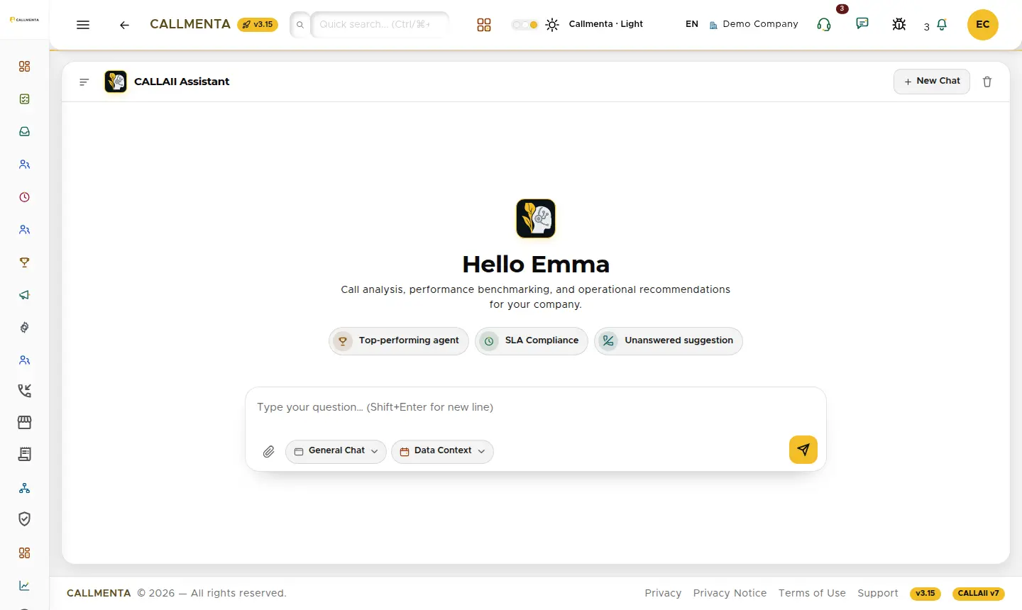 CALLAII assistant: module choice and chat