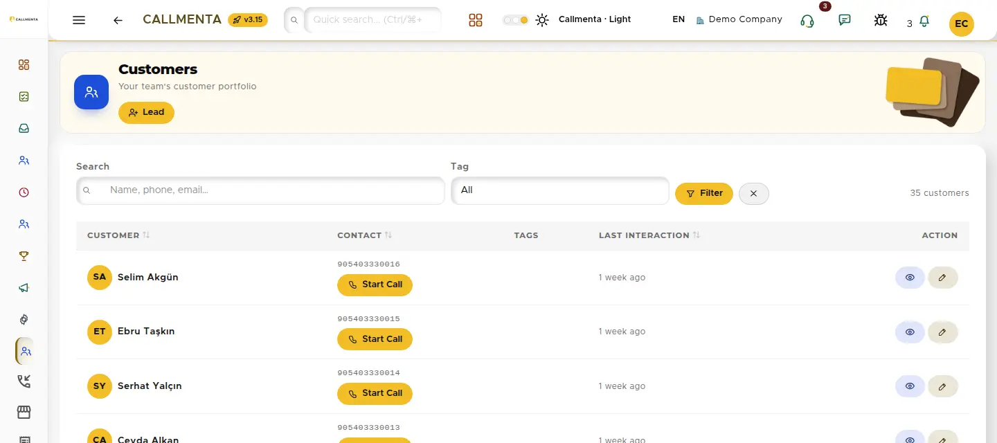 CRM customer list: name, contact, tag and last interaction