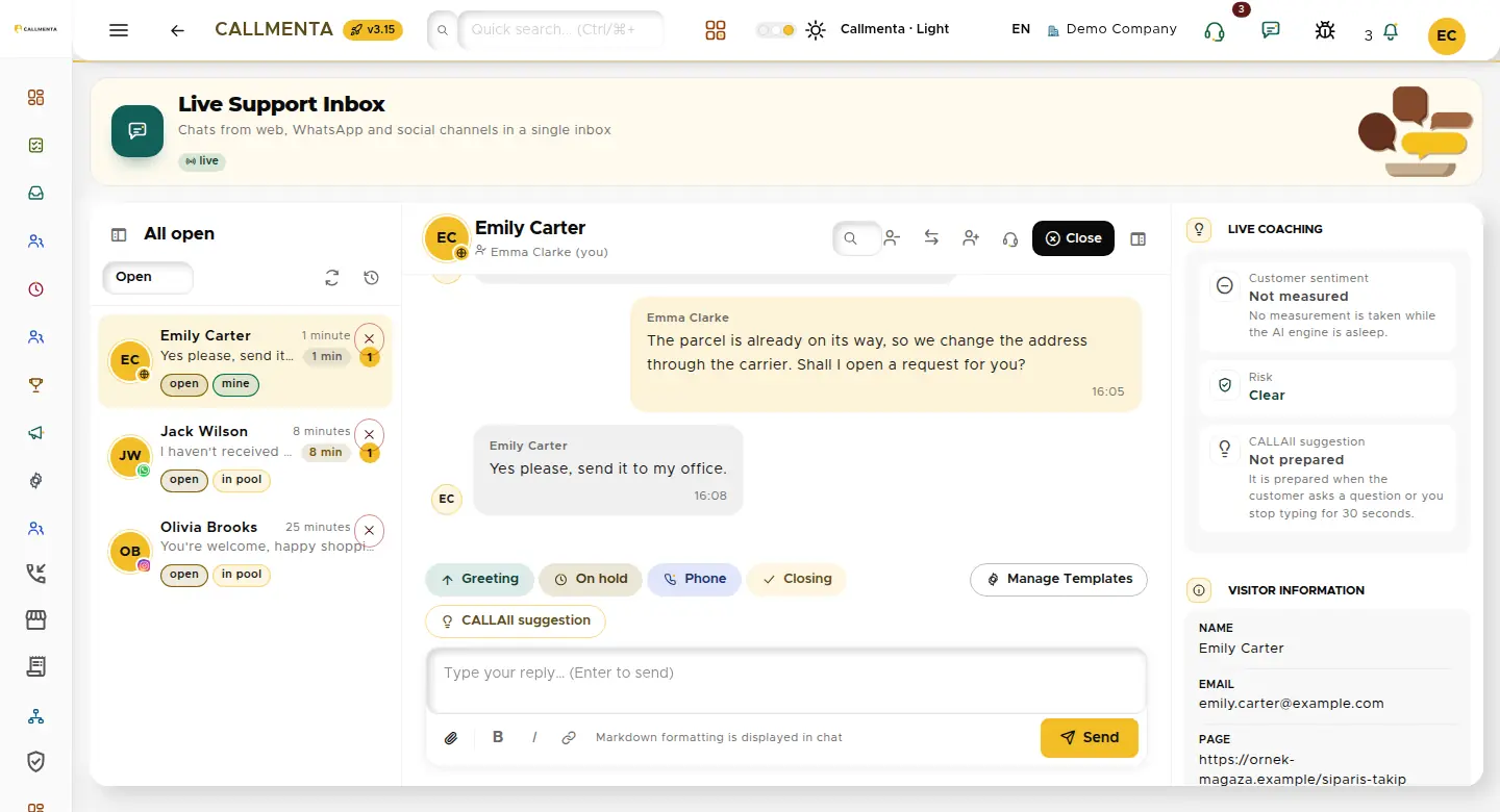 Live support inbox: channel, topic and owner