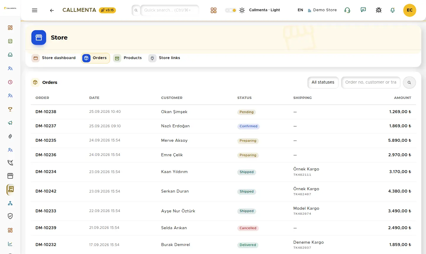 Order list: status, carrier and total columns