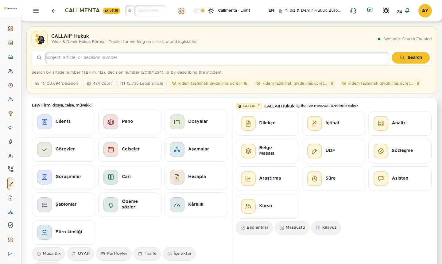 CALLAII Hukuk panel screenshot