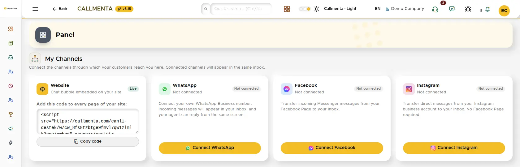 Channel connections screen: WhatsApp, Instagram and Facebook status