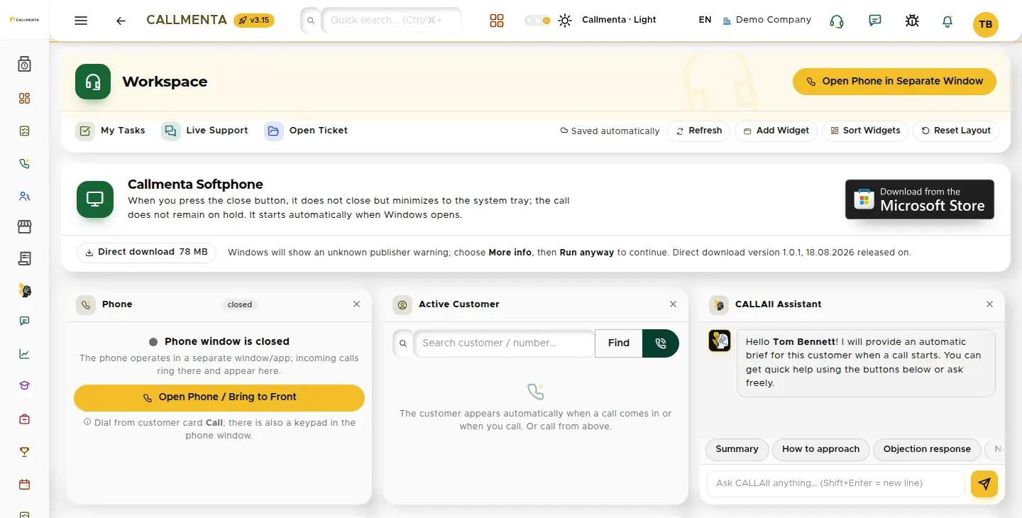 Agent desk: active call, customer card and notes