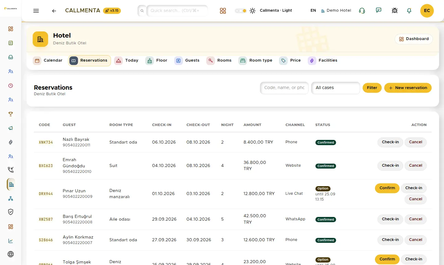 Reservation list: status, channel and amount