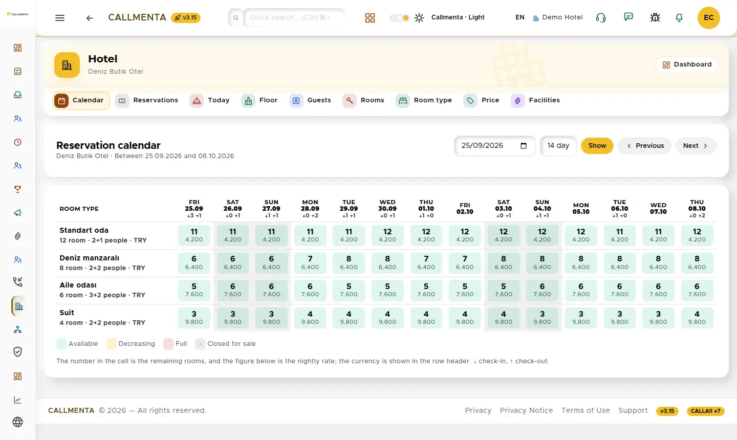 Availability calendar: room type and day grid