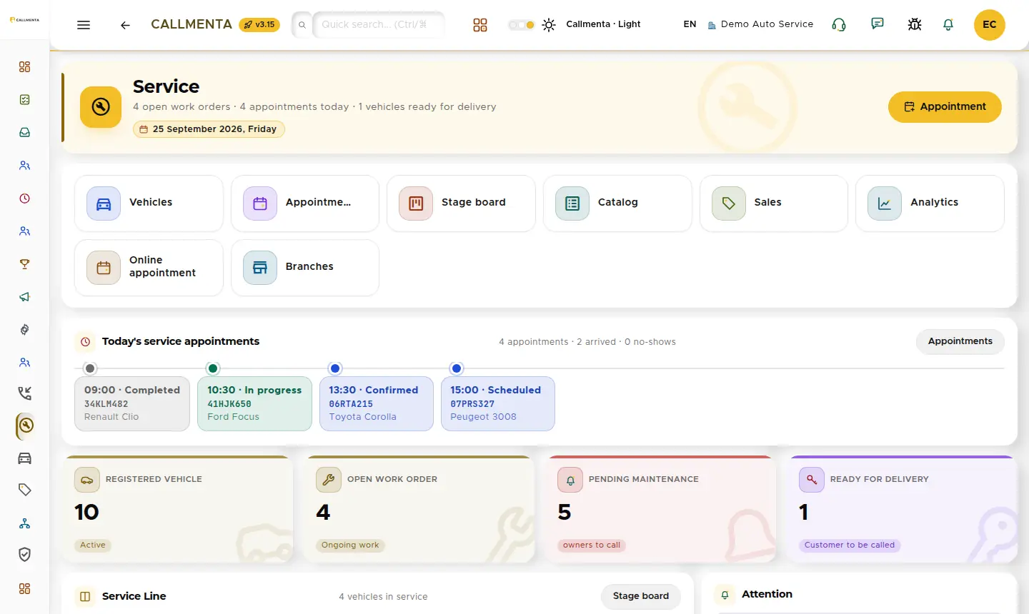 Service dashboard: vehicle, appointment, work order and maintenance cards