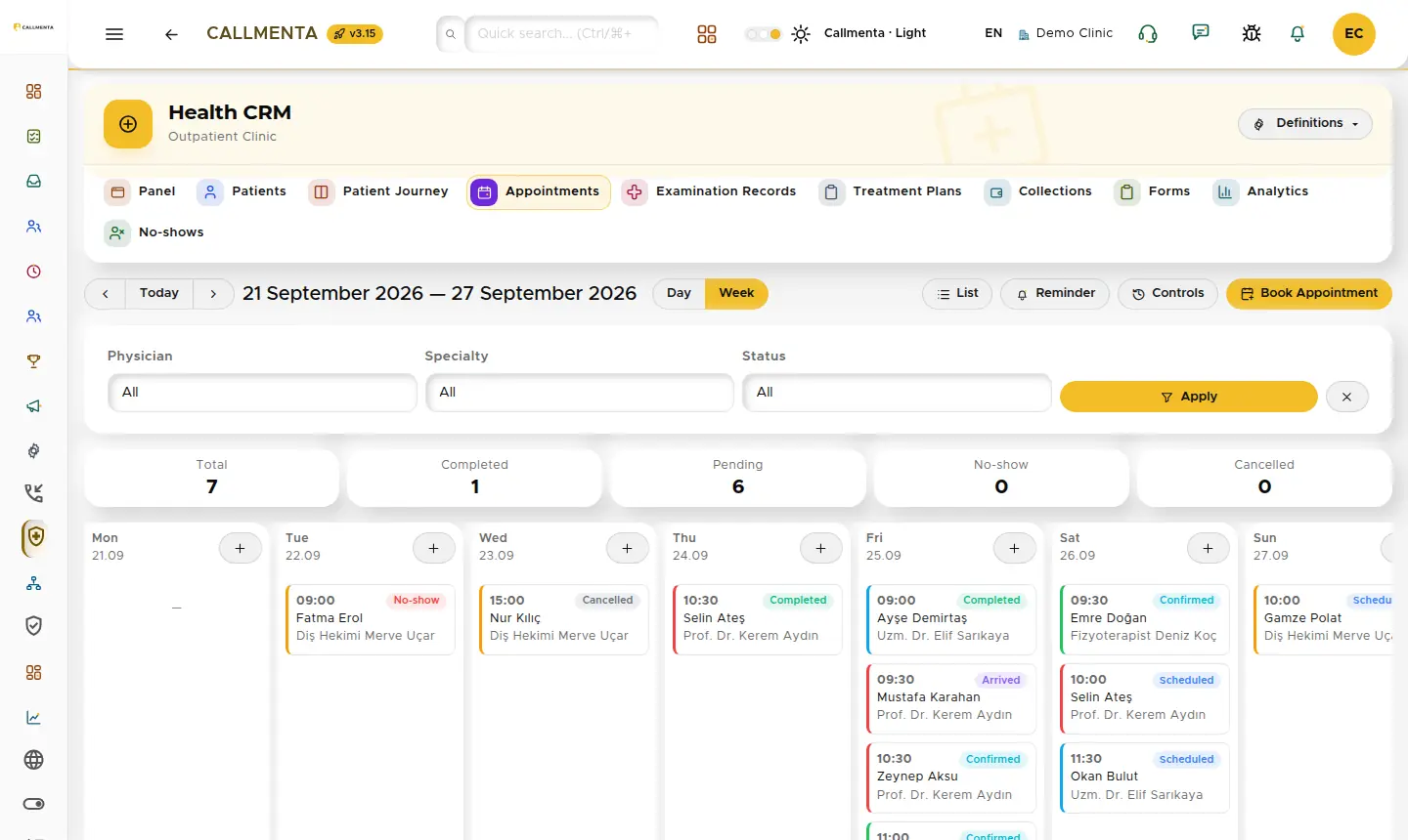 Weekly appointment calendar with practitioner and status filters