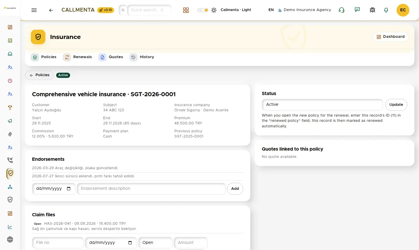 Policy card: header, endorsements and claim files