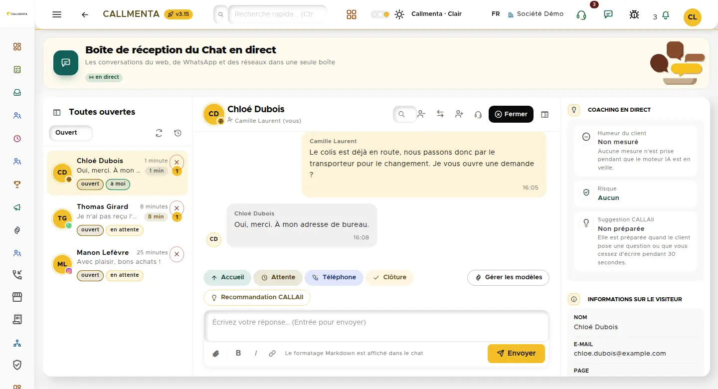 Boîte de réception du support : canal, sujet et responsable