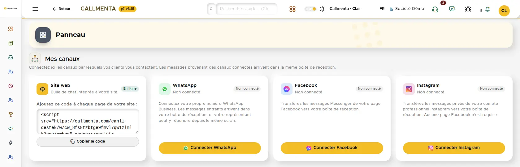Écran des canaux : état de WhatsApp, Instagram et Facebook
