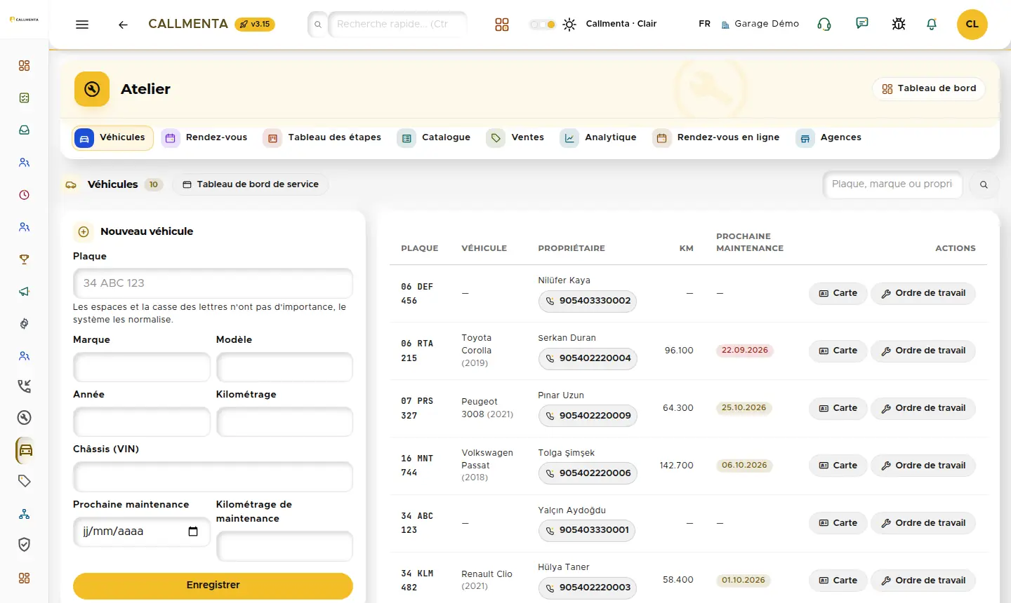 Écran véhicules : liste des immatriculations et formulaire de nouveau véhicule