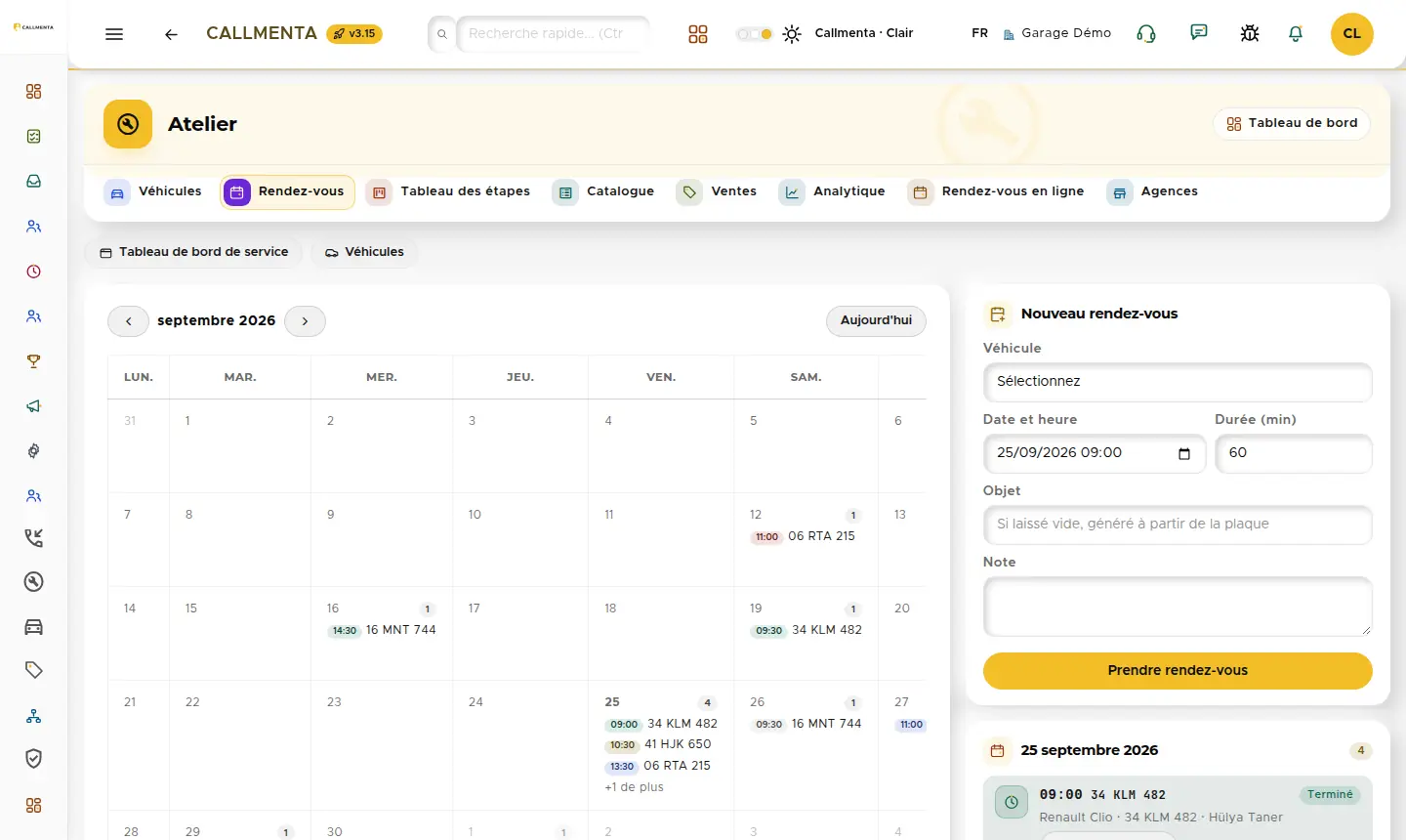 Calendrier des rendez-vous et formulaire de nouveau rendez-vous