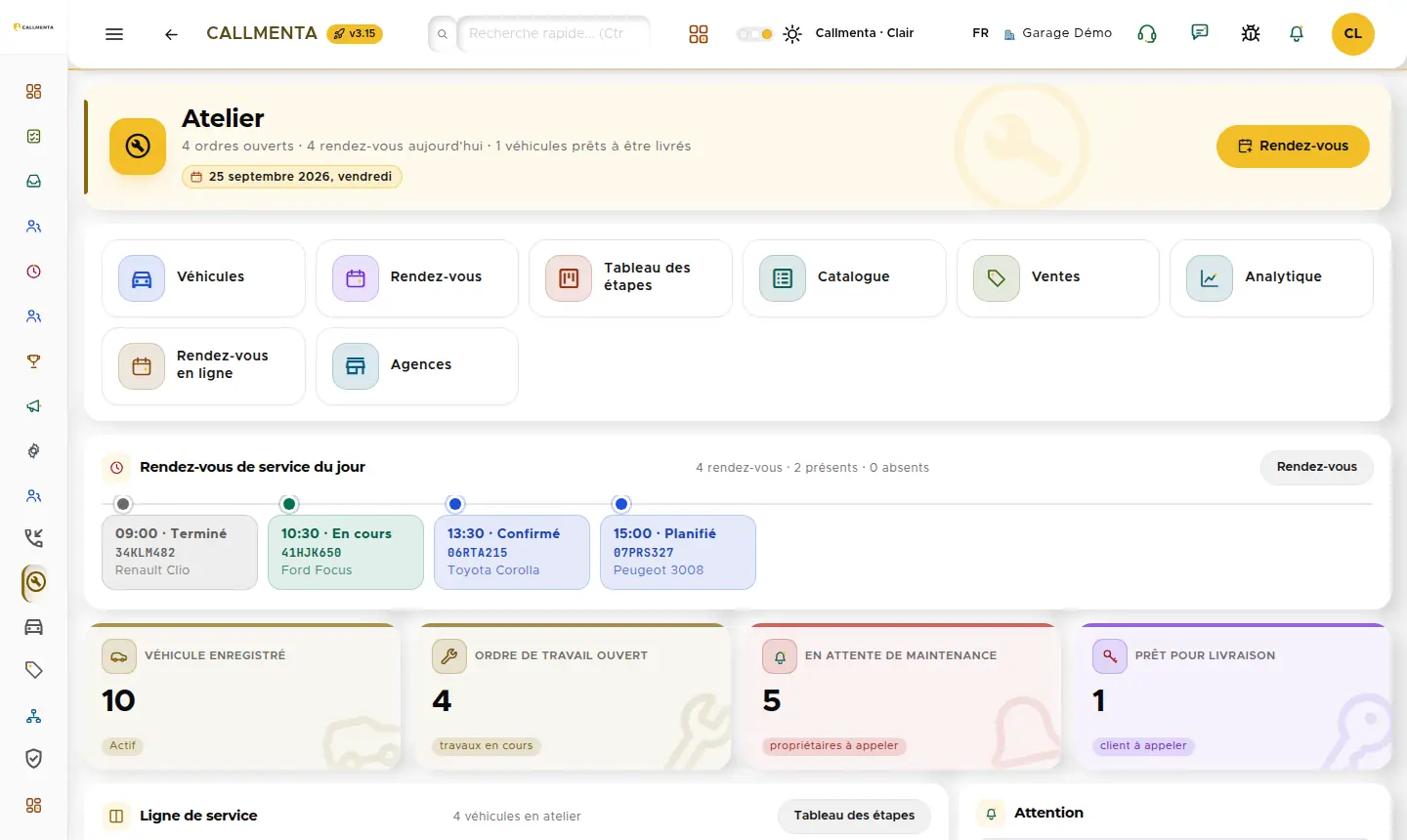 Tableau de bord atelier : cartes véhicule, rendez-vous, ordre de travail et entretien