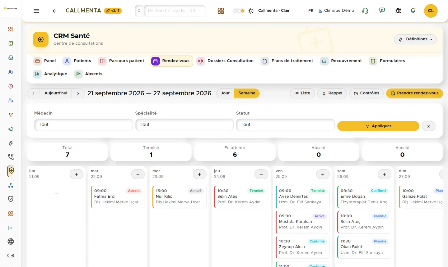 Calendrier hebdomadaire avec filtres praticien et état