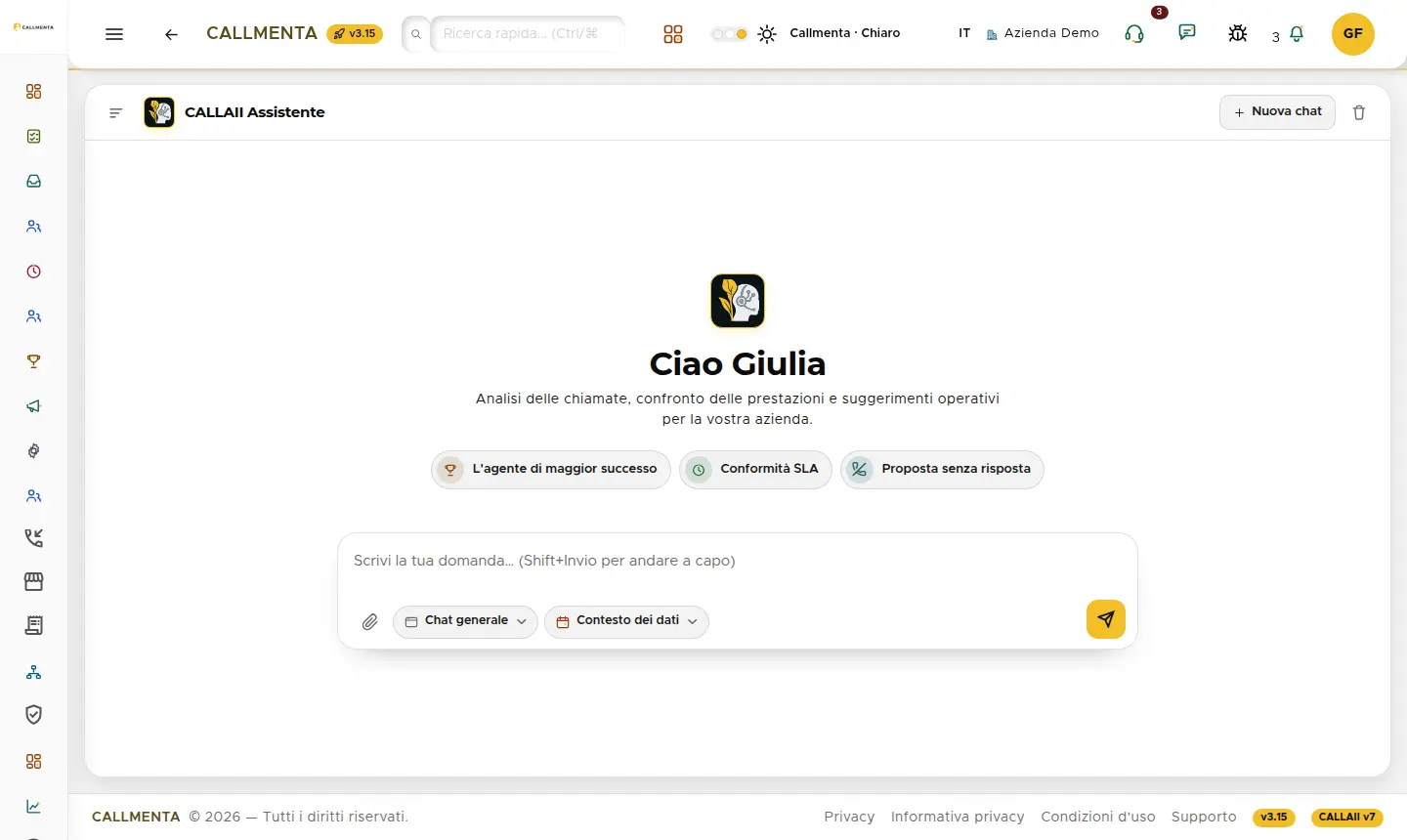 Assistente CALLAII: scelta del modulo e chat
