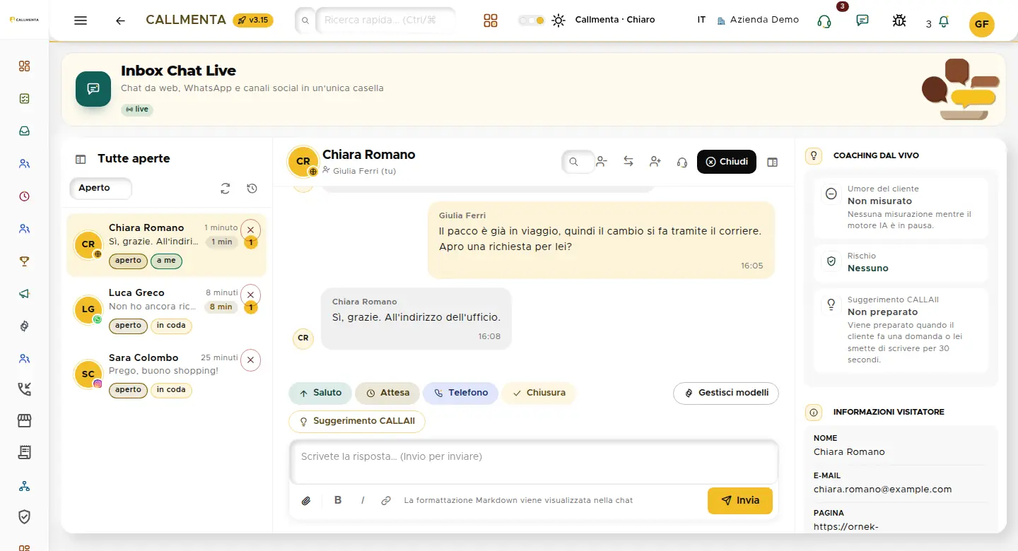 Casella del supporto live: canale, argomento e responsabile