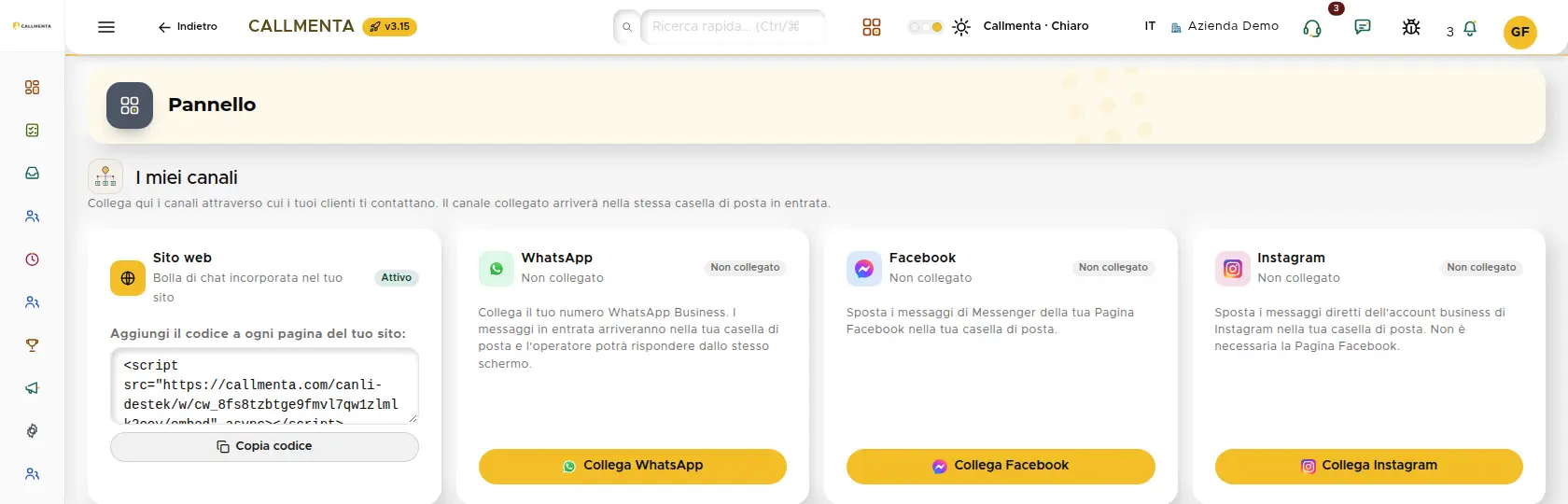 Schermata I miei canali: schede WhatsApp, Facebook e Instagram con l'etichetta Collegato tramite Meta