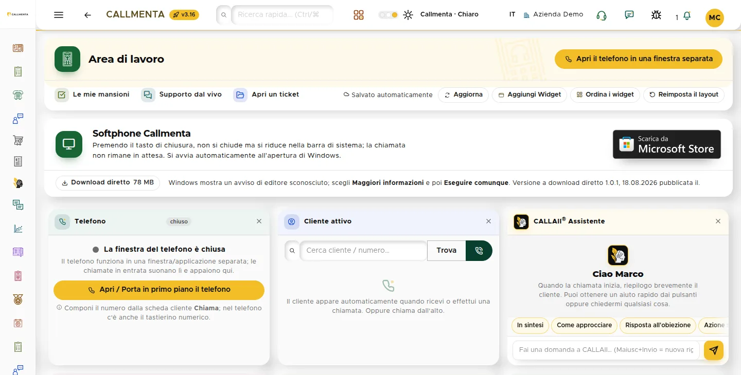 Postazione operatore: chiamata attiva, scheda cliente e note