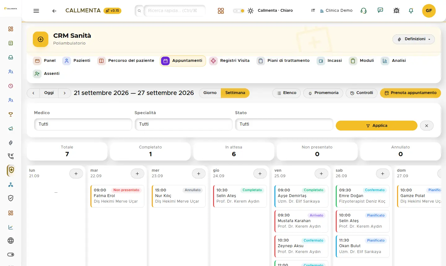 Calendario settimanale con filtri medico e stato