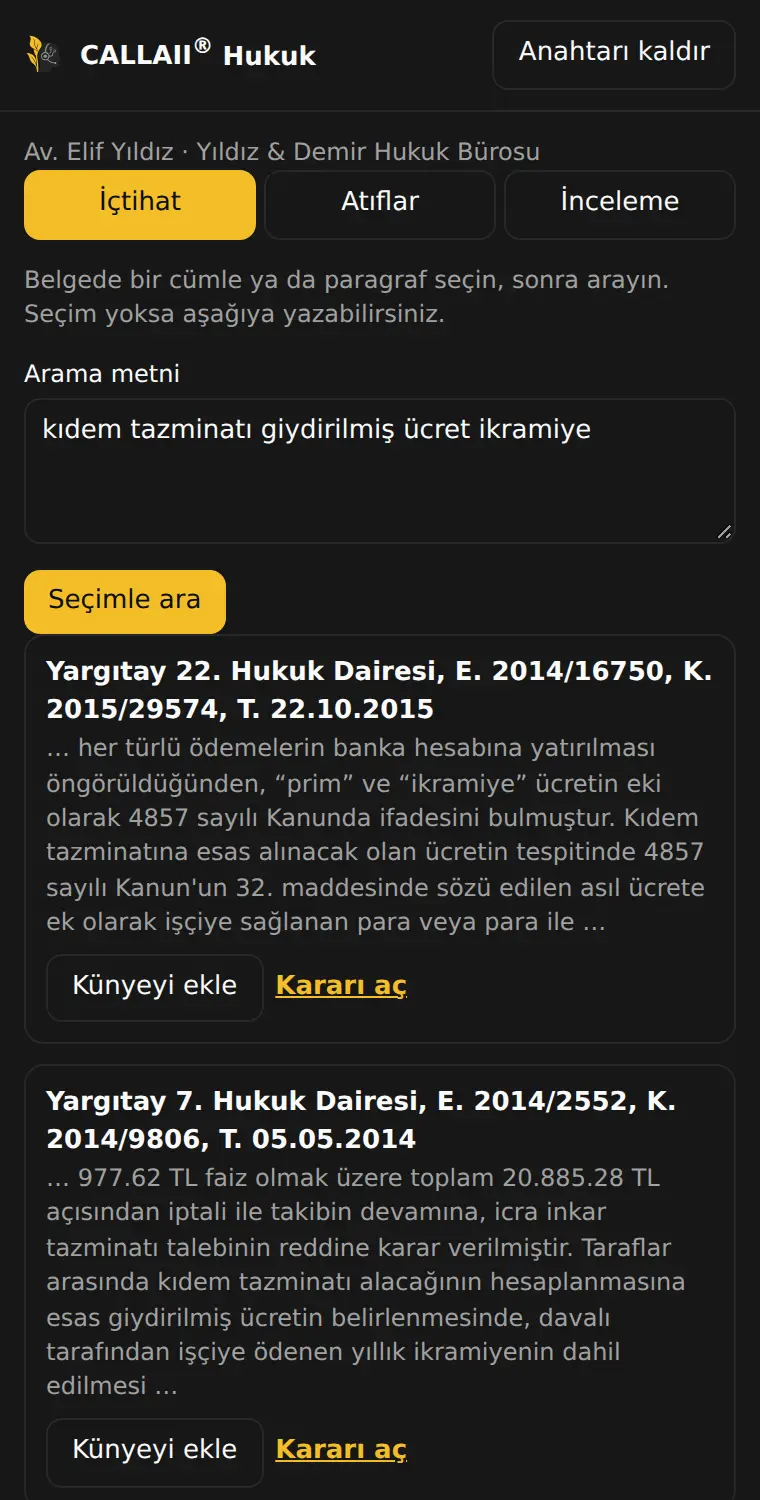 Word yan panelində CALLAII Hukuk: seçilmiş mətnlə içtihat axtarışı və künye əlavə etmə
