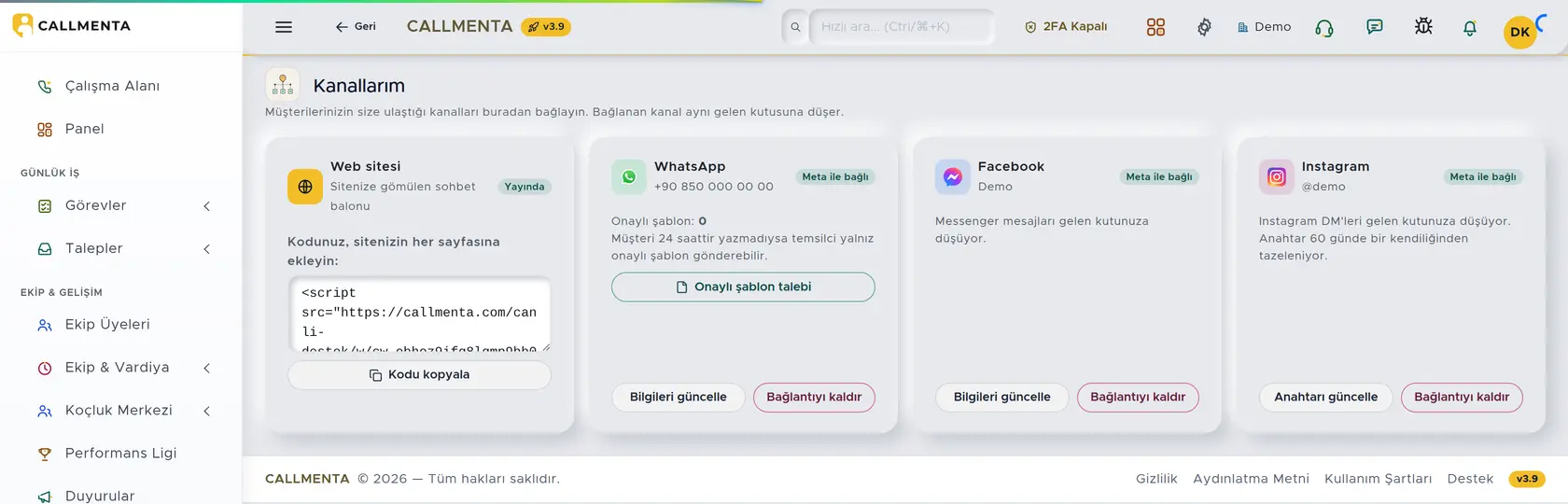 Kanallarım ekranı: WhatsApp, Facebook ve Instagram kartları Meta ile bağlı rozetiyle